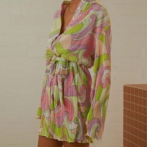 Disco Pleated Mini Dress Long Sleeve Button Down Sexy Short Dress Blouse 🪩